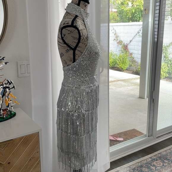 Cut Out Sequin Halter Dress with Fringe Trim - Picture 3 of 4